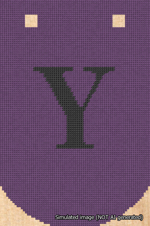 A simulated image of the stitched needlepoint design: Banner 18m Curved Y Black on Purple. Not A.I. generated.