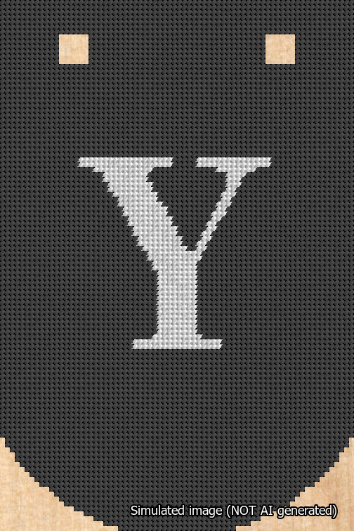 A simulated image of the stitched needlepoint design: Banner 18m Curved Y White on Black. Not A.I. generated.