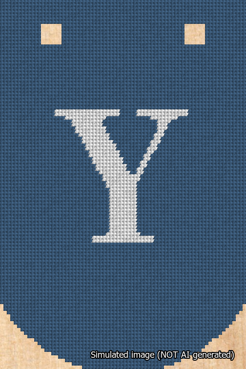 A simulated image of the stitched needlepoint design: Banner 18m Curved Y White on Blue. Not A.I. generated.