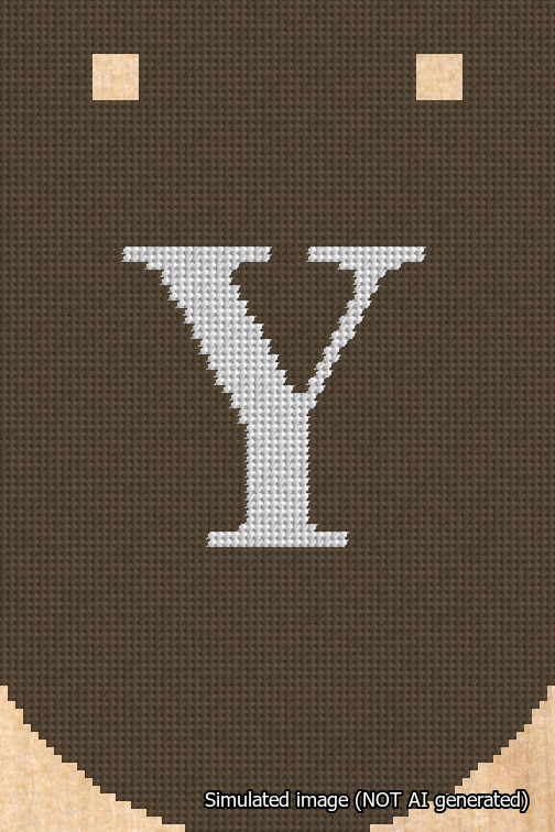 A simulated image of the stitched needlepoint design: Banner 18m Curved Y White on Brown. Not A.I. generated.
