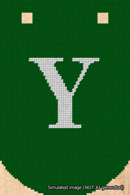 A simulated image of the stitched needlepoint design: Banner 18m Curved Y White on Green. Not A.I. generated.