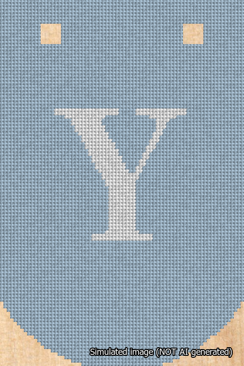 A simulated image of the stitched needlepoint design: Banner 18m Curved Y White on Light Blue. Not A.I. generated.