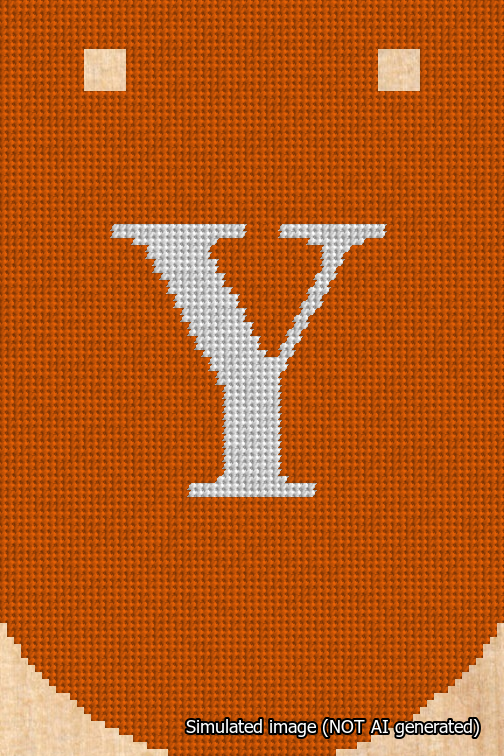 A simulated image of the stitched needlepoint design: Banner 18m Curved Y White on Orange. Not A.I. generated.