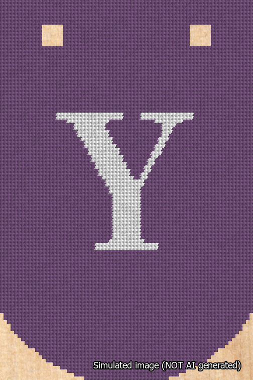A simulated image of the stitched needlepoint design: Banner 18m Curved Y White on Purple. Not A.I. generated.