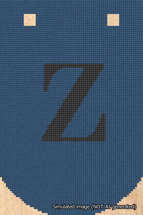 A simulated image of the stitched needlepoint design: Banner 18m Curved Z Black on Blue. Not A.I. generated.
