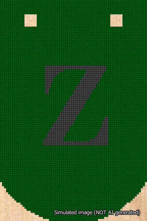 A simulated image of the stitched needlepoint design: Banner 18m Curved Z Black on Green. Not A.I. generated.