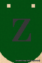 A simulated image of the stitched needlepoint design: Banner 18m Curved Z Black on Green. Not A.I. generated.