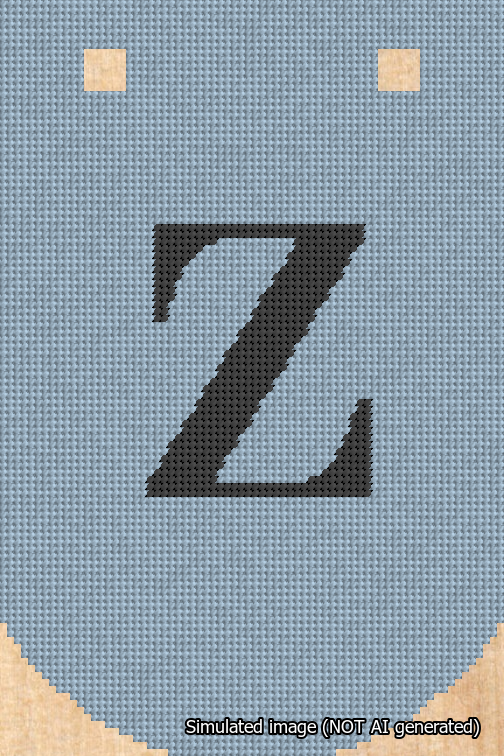 A simulated image of the stitched needlepoint design: Banner 18m Curved Z Black on Light Blue. Not A.I. generated.