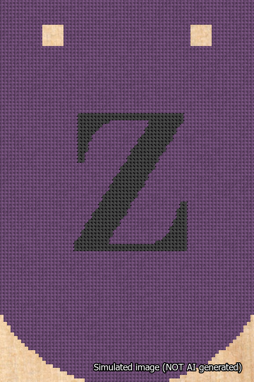 A simulated image of the stitched needlepoint design: Banner 18m Curved Z Black on Purple. Not A.I. generated.