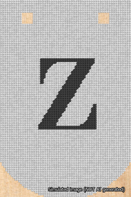A simulated image of the stitched needlepoint design: Banner 18m Curved Z Black on White. Not A.I. generated.