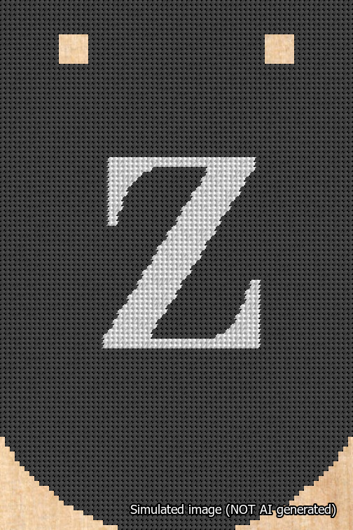 A simulated image of the stitched needlepoint design: Banner 18m Curved Z White on Black. Not A.I. generated.