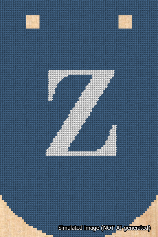 A simulated image of the stitched needlepoint design: Banner 18m Curved Z White on Blue. Not A.I. generated.