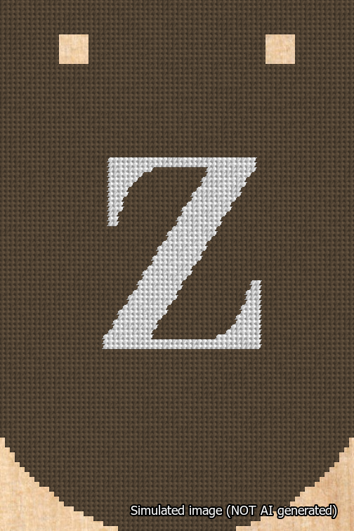 A simulated image of the stitched needlepoint design: Banner 18m Curved Z White on Brown. Not A.I. generated.