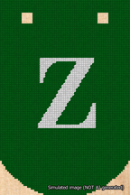 A simulated image of the stitched needlepoint design: Banner 18m Curved Z White on Green. Not A.I. generated.