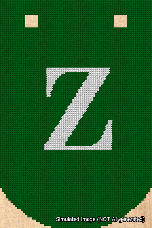 A simulated image of the stitched needlepoint design: Banner 18m Curved Z White on Green. Not A.I. generated.
