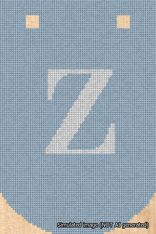 A simulated image of the stitched needlepoint design: Banner 18m Curved Z White on Light Blue. Not A.I. generated.
