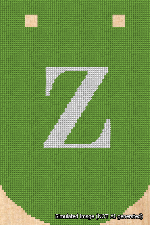 A simulated image of the stitched needlepoint design: Banner 18m Curved Z White on Light Green. Not A.I. generated.
