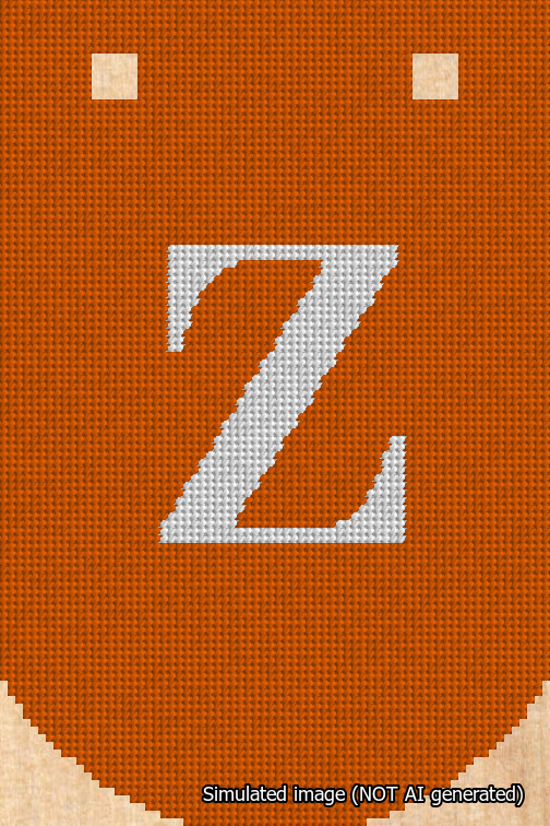 A simulated image of the stitched needlepoint design: Banner 18m Curved Z White on Orange. Not A.I. generated.