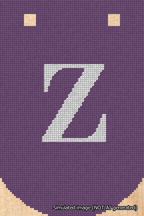A simulated image of the stitched needlepoint design: Banner 18m Curved Z White on Purple. Not A.I. generated.