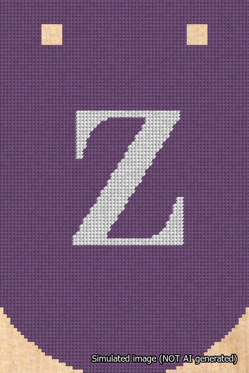 A simulated image of the stitched needlepoint design: Banner 18m Curved Z White on Purple. Not A.I. generated.