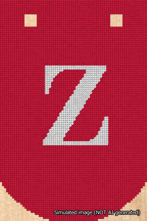 A simulated image of the stitched needlepoint design: Banner 18m Curved Z White on Red. Not A.I. generated.
