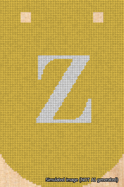 A simulated image of the stitched needlepoint design: Banner 18m Curved Z White on Yellow. Not A.I. generated.