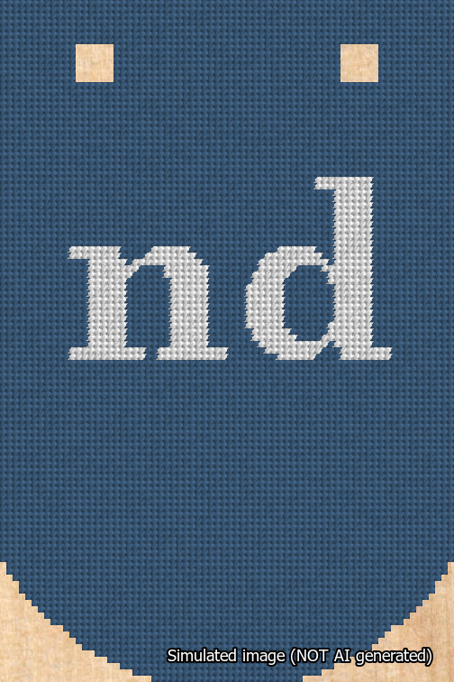 A simulated image of the stitched needlepoint design: Banner 18m Curved nd White on Blue. Not A.I. generated.