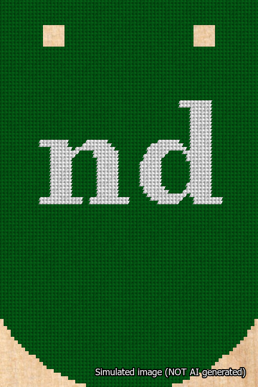 A simulated image of the stitched needlepoint design: Banner 18m Curved nd White on Green. Not A.I. generated.