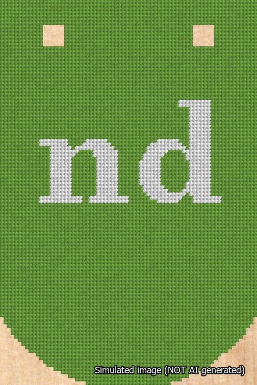 A simulated image of the stitched needlepoint design: Banner 18m Curved nd White on Light Green. Not A.I. generated.