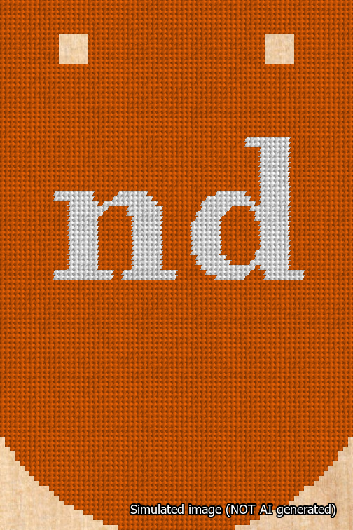 A simulated image of the stitched needlepoint design: Banner 18m Curved nd White on Orange. Not A.I. generated.