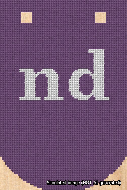 A simulated image of the stitched needlepoint design: Banner 18m Curved nd White on Purple. Not A.I. generated.