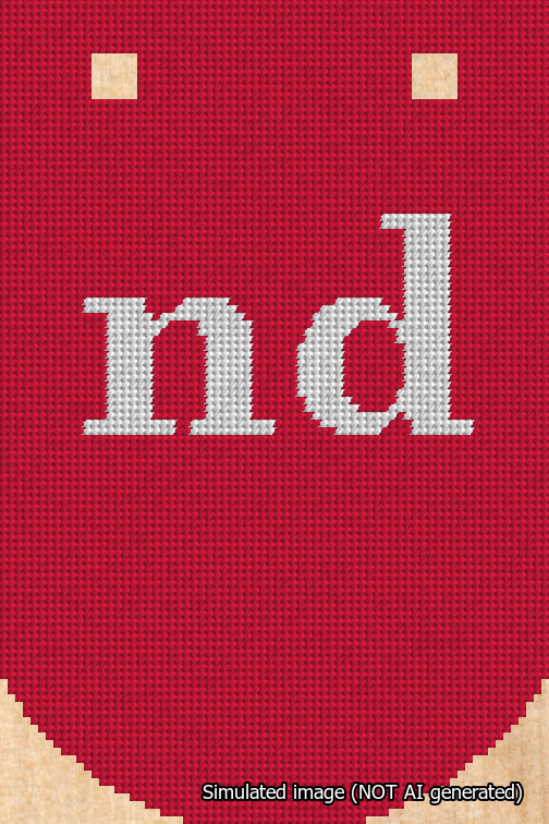 A simulated image of the stitched needlepoint design: Banner 18m Curved nd White on Red. Not A.I. generated.