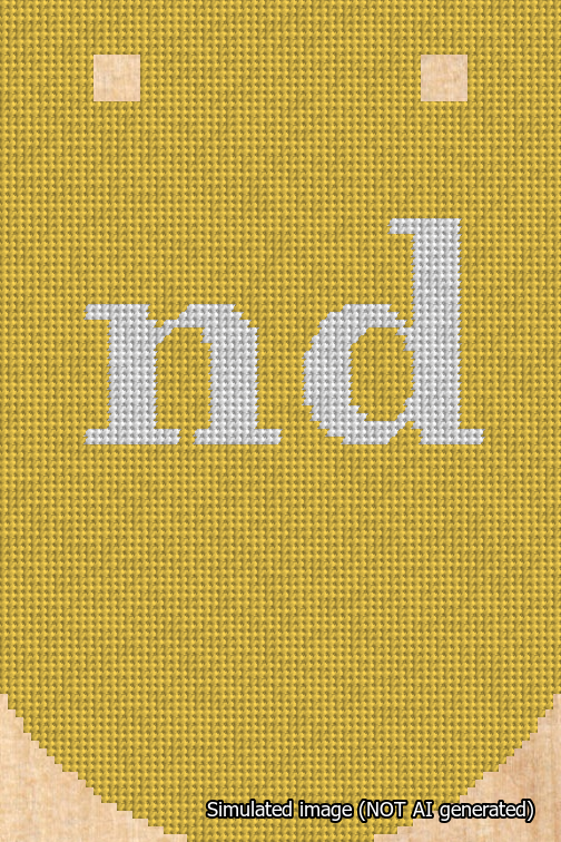 A simulated image of the stitched needlepoint design: Banner 18m Curved nd White on Yellow. Not A.I. generated.
