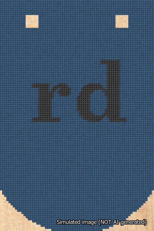 A simulated image of the stitched needlepoint design: Banner 18m Curved rd Black on Blue. Not A.I. generated.