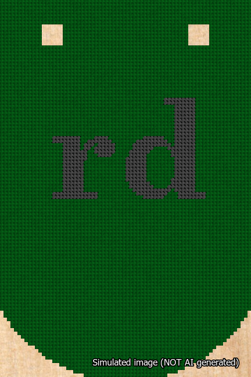 A simulated image of the stitched needlepoint design: Banner 18m Curved rd Black on Green. Not A.I. generated.
