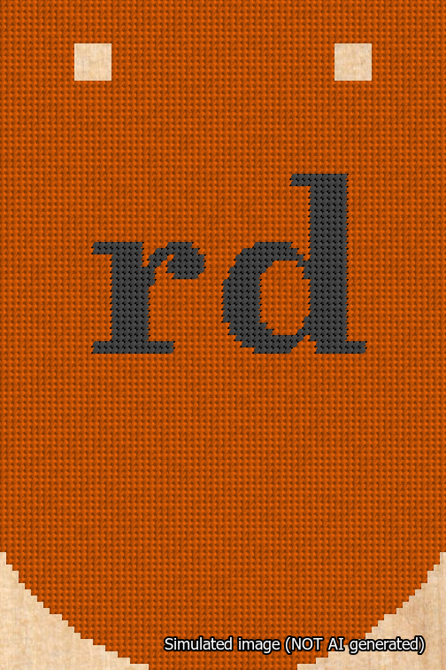 A simulated image of the stitched needlepoint design: Banner 18m Curved rd Black on Orange. Not A.I. generated.