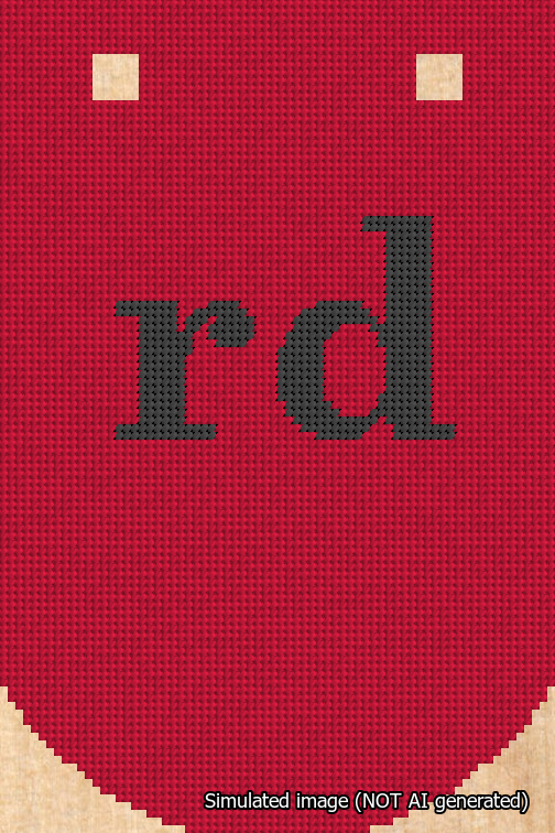 A simulated image of the stitched needlepoint design: Banner 18m Curved rd Black on Red. Not A.I. generated.