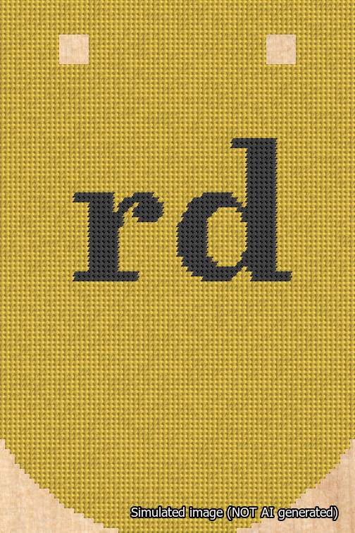 A simulated image of the stitched needlepoint design: Banner 18m Curved rd Black on Yellow. Not A.I. generated.