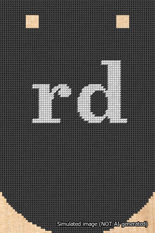 A simulated image of the stitched needlepoint design: Banner 18m Curved rd White on Black. Not A.I. generated.