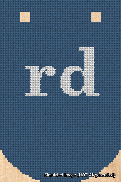 A simulated image of the stitched needlepoint design: Banner 18m Curved rd White on Blue. Not A.I. generated.