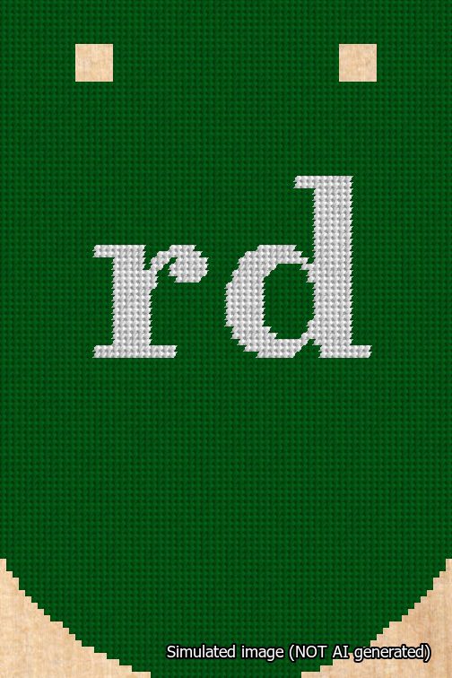 A simulated image of the stitched needlepoint design: Banner 18m Curved rd White on Green. Not A.I. generated.