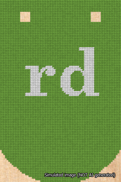 A simulated image of the stitched needlepoint design: Banner 18m Curved rd White on Light Green. Not A.I. generated.