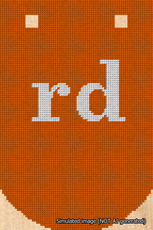 A simulated image of the stitched needlepoint design: Banner 18m Curved rd White on Orange. Not A.I. generated.