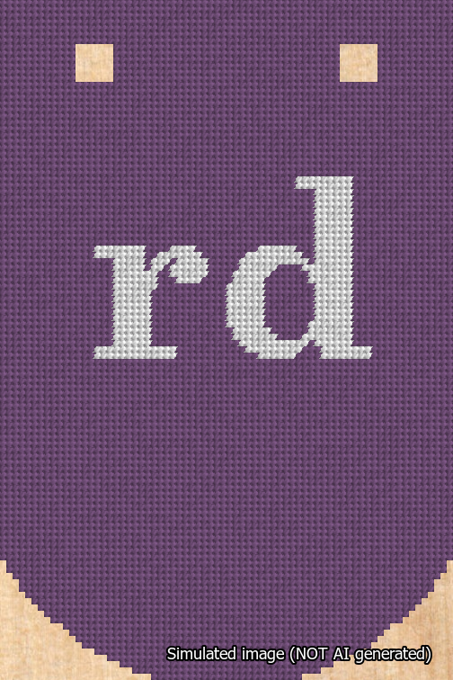 A simulated image of the stitched needlepoint design: Banner 18m Curved rd White on Purple. Not A.I. generated.