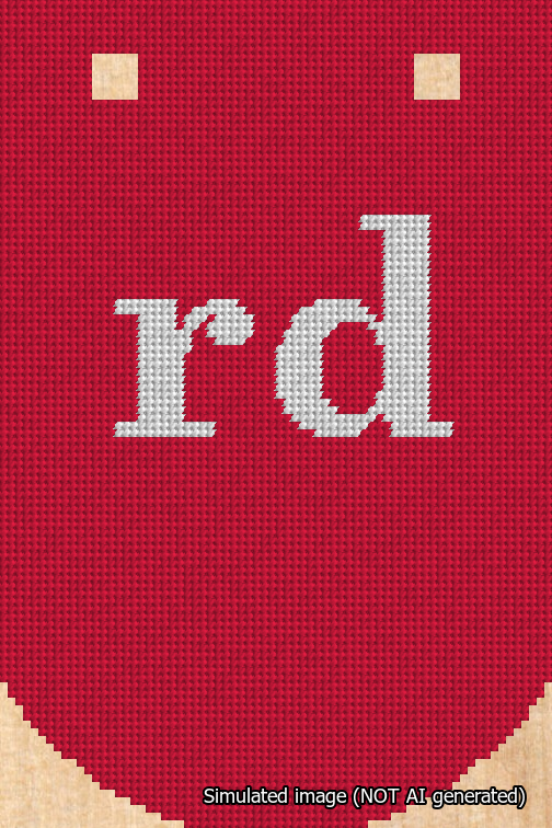 A simulated image of the stitched needlepoint design: Banner 18m Curved rd White on Red. Not A.I. generated.