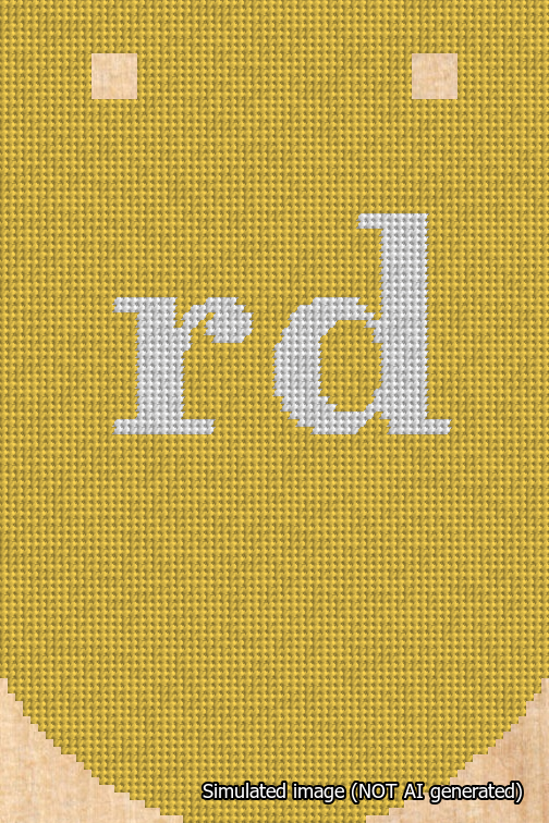 A simulated image of the stitched needlepoint design: Banner 18m Curved rd White on Yellow. Not A.I. generated.