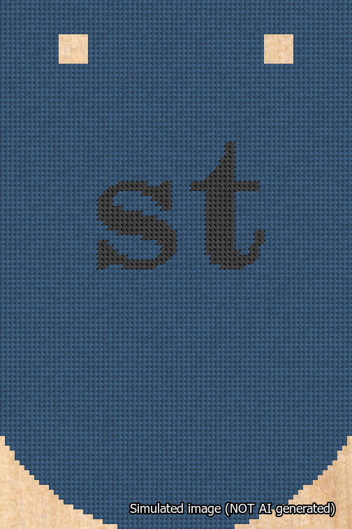 A simulated image of the stitched needlepoint design: Banner 18m Curved st Black on Blue. Not A.I. generated.
