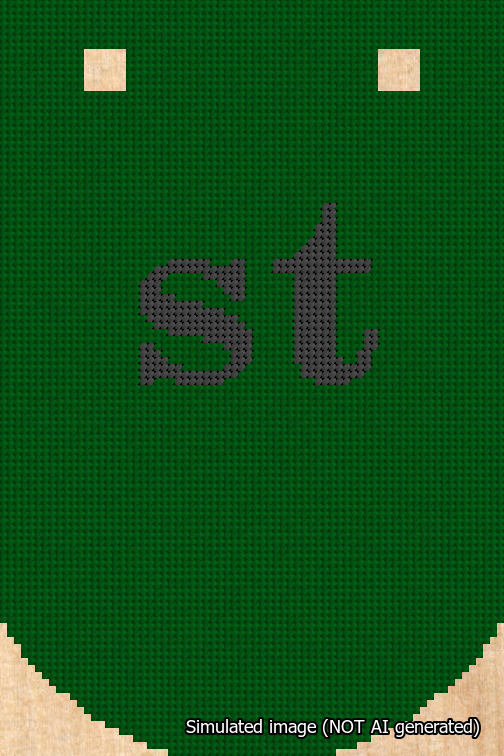 A simulated image of the stitched needlepoint design: Banner 18m Curved st Black on Green. Not A.I. generated.