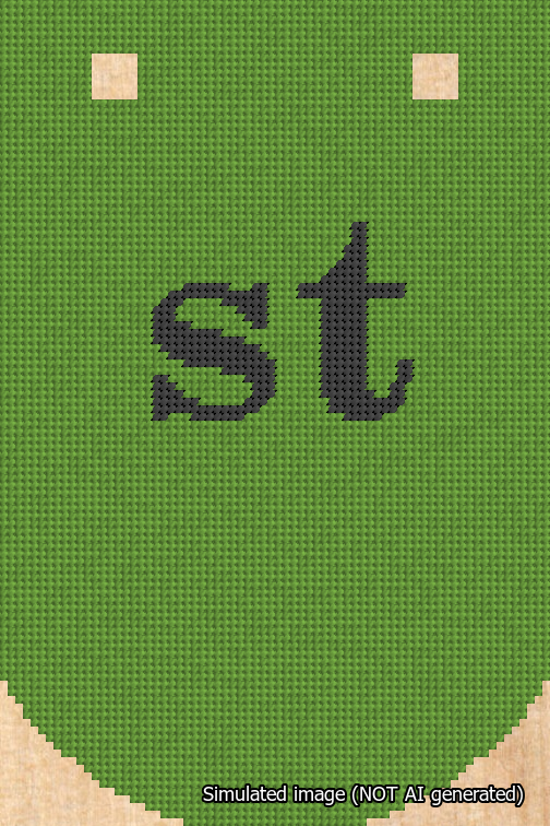 A simulated image of the stitched needlepoint design: Banner 18m Curved st Black on Light Green. Not A.I. generated.