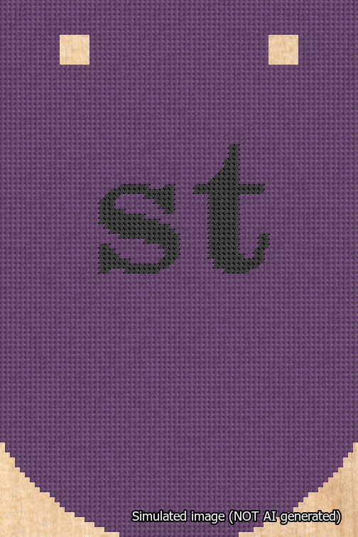 A simulated image of the stitched needlepoint design: Banner 18m Curved st Black on Purple. Not A.I. generated.